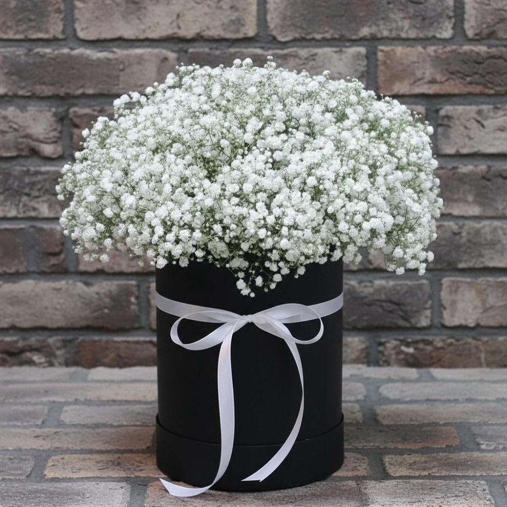 Цветочная композиция из Гипсофила в шляпной коробке в Ленинском