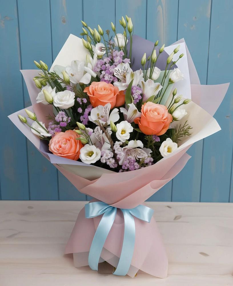 Букет цветов из: Лизиантусы, Розы, Альстромерии и Гипсофила в Ленинском