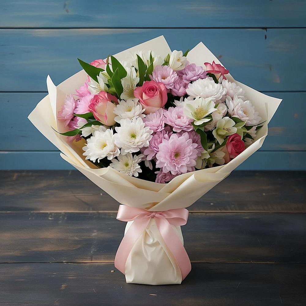 Букет цветов из: Хризантемы, Альстромерии и Розы в Ленинском